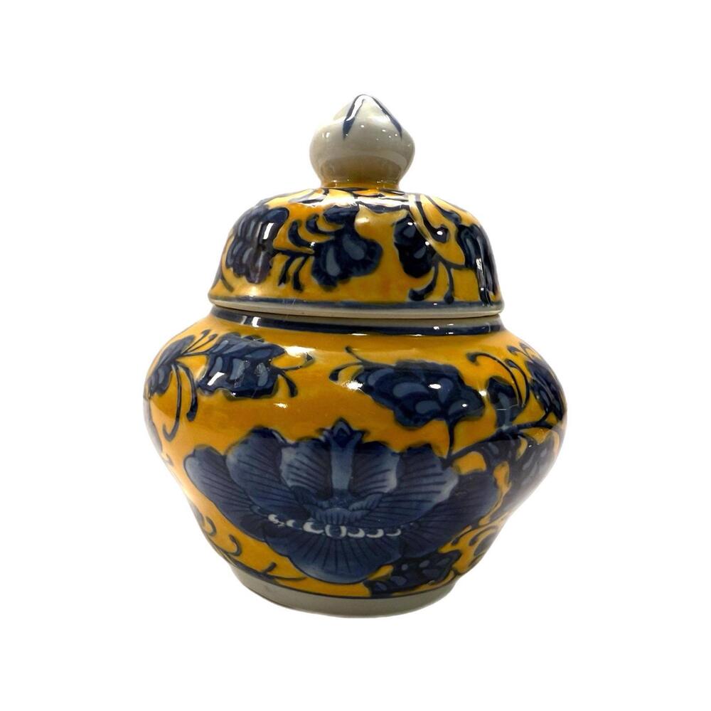 Chinoiserie Ginger Jar with Lid Yellow Blue Ceramic Chinese Japanese Floral - Picture 3 of 5